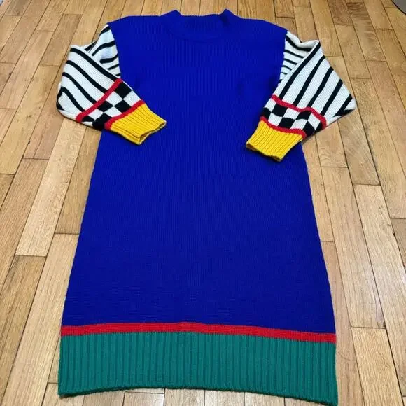 Outlander 100 Wool Colorblock Knit Mock Neck Sweater Dress Size S Vintage - Picture 2 of 9